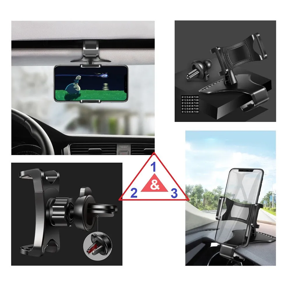 3 in 1 Car GPS Smartphone Holder: Dashboard / Visor Clamp   AC Grid Clip for Nokia 3.1 (2018) - Black