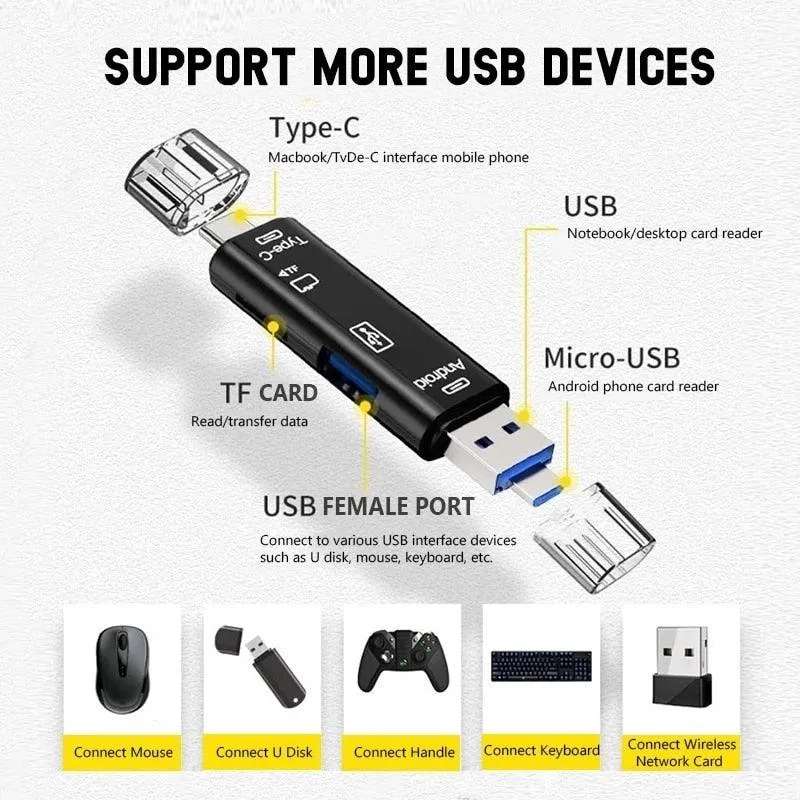 5 in 1 Multifunction USB 2.0 Type C USB  Micro USB TF SD Smart Memory SD Card Reader