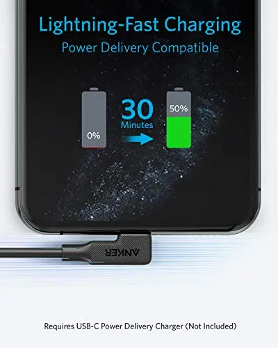 Anker USB-C to 90 Degree Lightning Cable (3 ft), MFi Certified, Supports Power Delivery for iPhone SE / 11 Pro/X/XS/XR / 8 Plus/AirPods Pro, iPad 8, iPod Touch, and More(Black)
