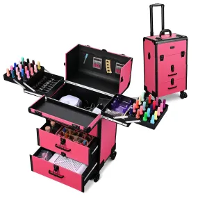 Byootique Pink Rolling Makeup Train Case with Drawers Nail Organizer