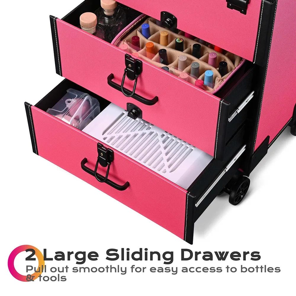 Byootique Pink Rolling Makeup Train Case with Drawers Nail Organizer