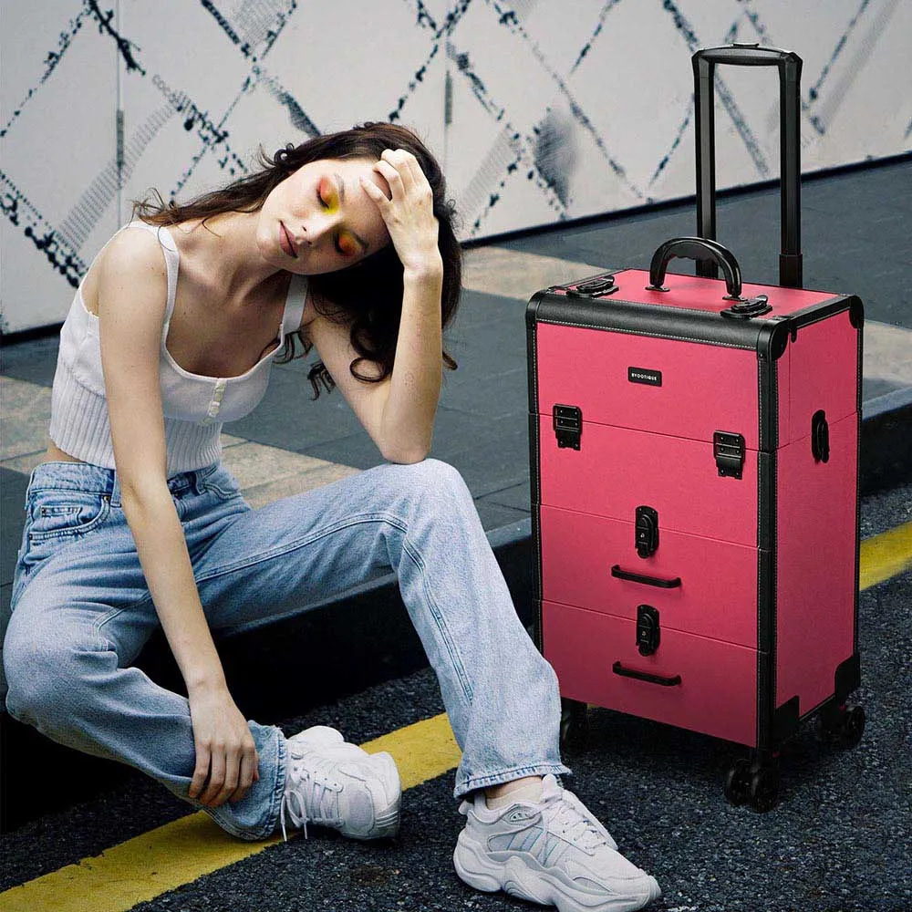 Byootique Pink Rolling Makeup Train Case with Drawers Nail Organizer