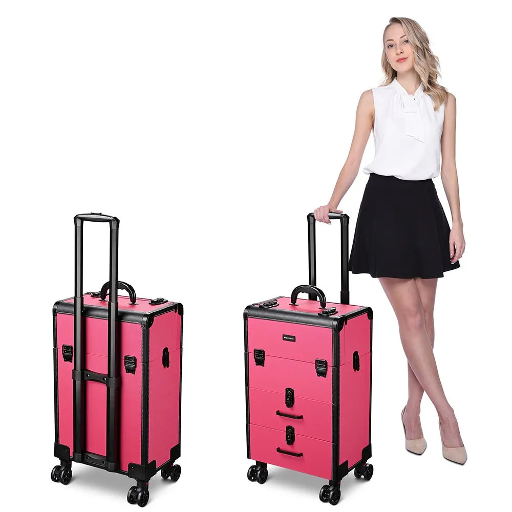 Byootique Pink Rolling Makeup Train Case with Drawers Nail Organizer