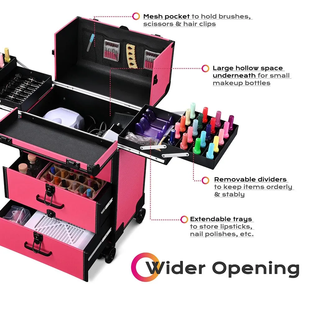 Byootique Pink Rolling Makeup Train Case with Drawers Nail Organizer