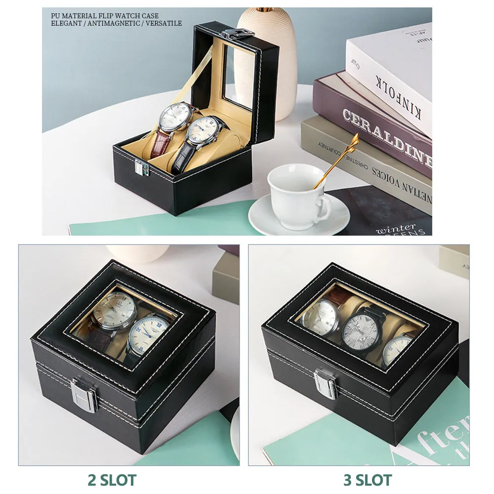Glass Top 2-Slot Leather Watch Box with Lock & Display