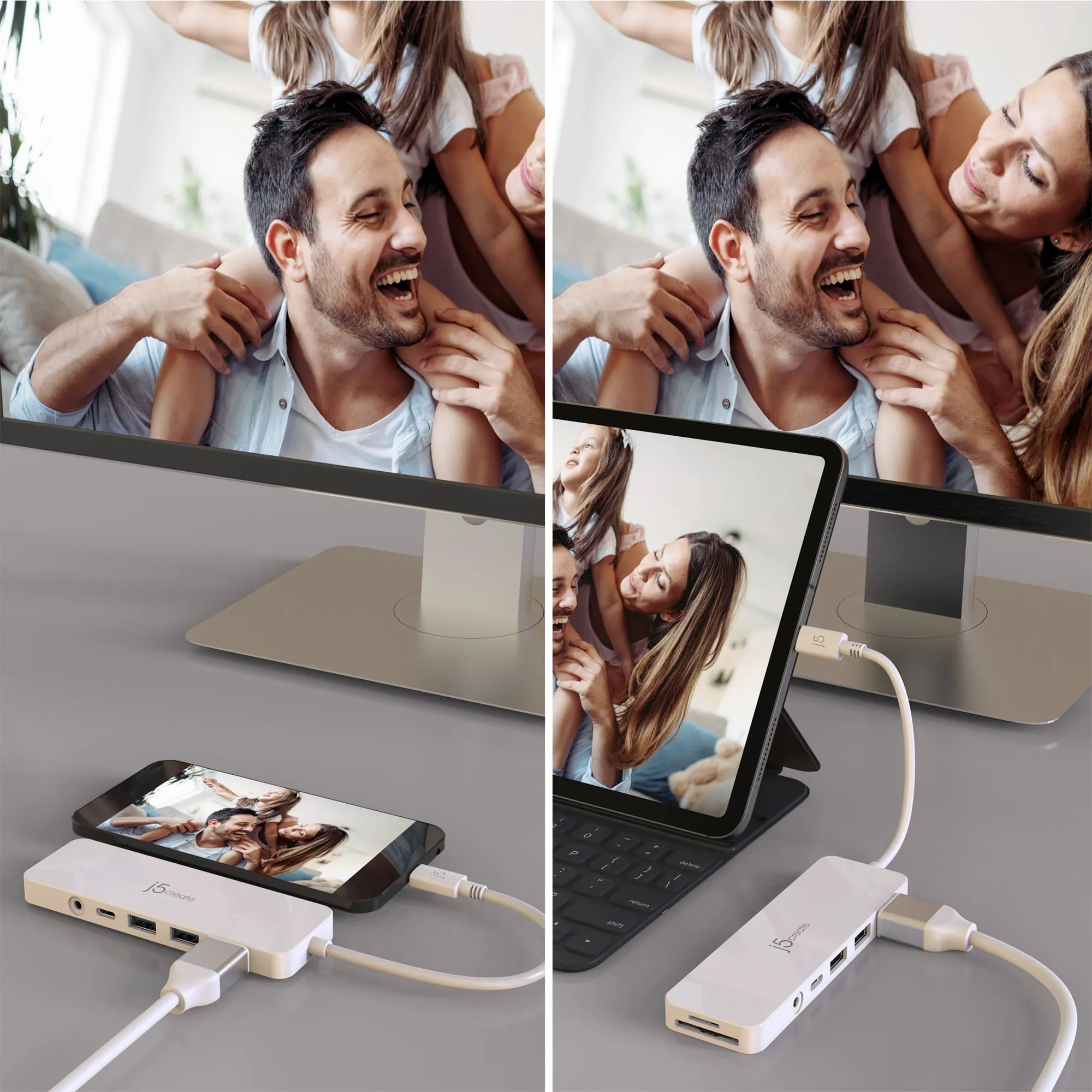 j5create JCD373 USB-C Mini Hub USB 4K HDMI 3.1 5Gbps microSD & SD Card Reader, White