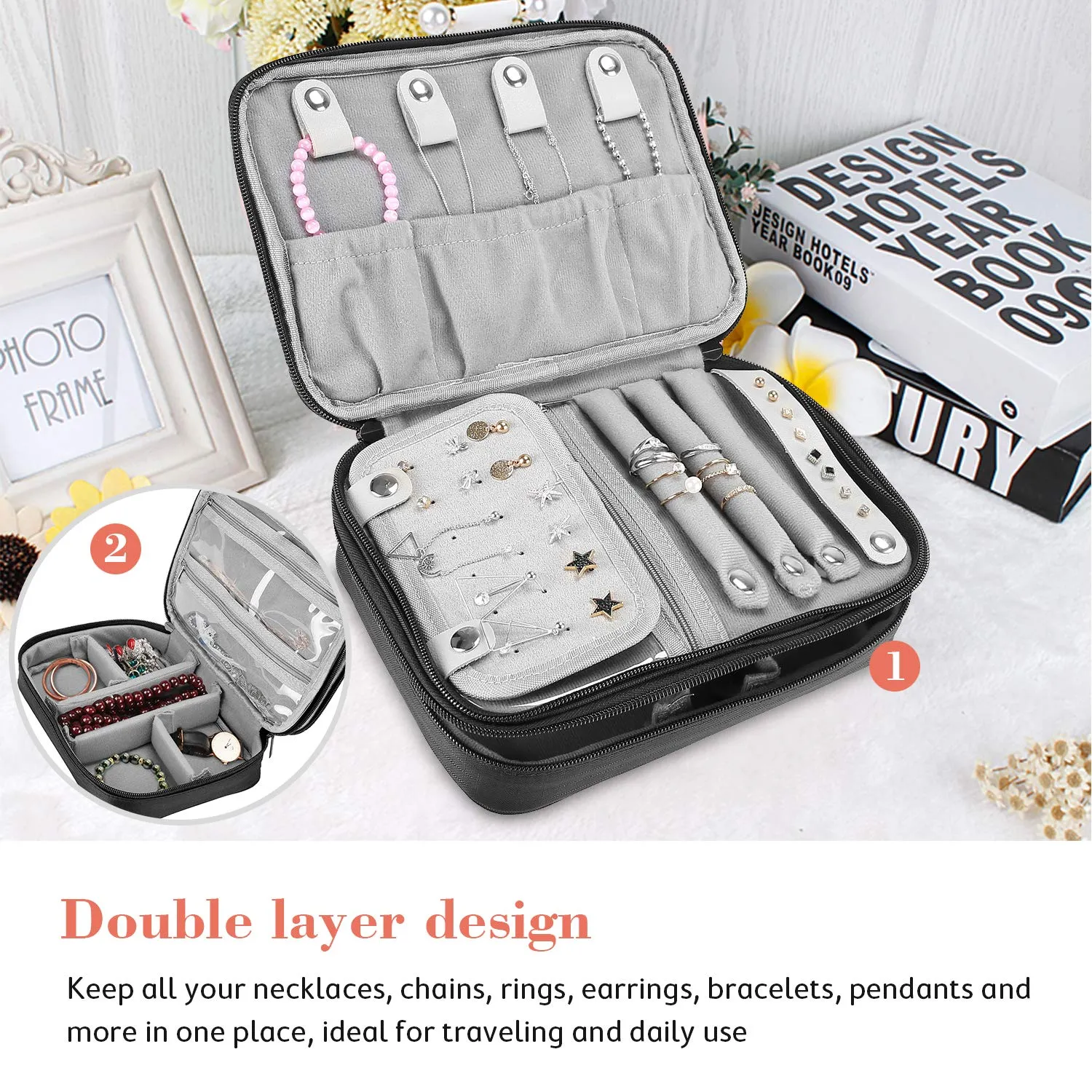 ProCase Travel Jewelry Case Organizer Bag, Soft Padded Double Layer Jewelry Carrying Pouch Portable Jewelry Storage Box Holder for Earrings, Rings, Necklaces, Bracelets, and Chains –Black
