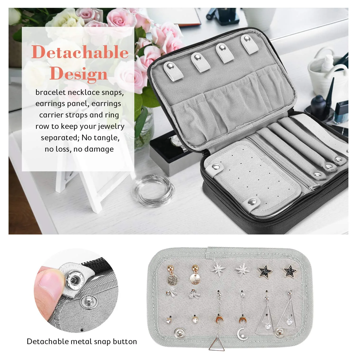 ProCase Travel Jewelry Case Organizer Bag, Soft Padded Double Layer Jewelry Carrying Pouch Portable Jewelry Storage Box Holder for Earrings, Rings, Necklaces, Bracelets, and Chains –Black