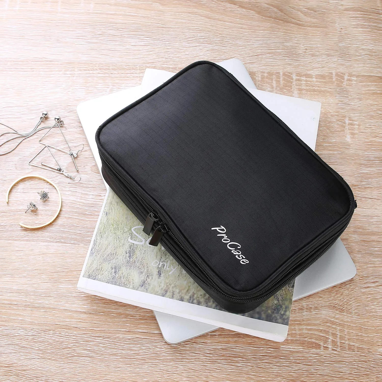 ProCase Travel Jewelry Case Organizer Bag, Soft Padded Double Layer Jewelry Carrying Pouch Portable Jewelry Storage Box Holder for Earrings, Rings, Necklaces, Bracelets, and Chains –Black