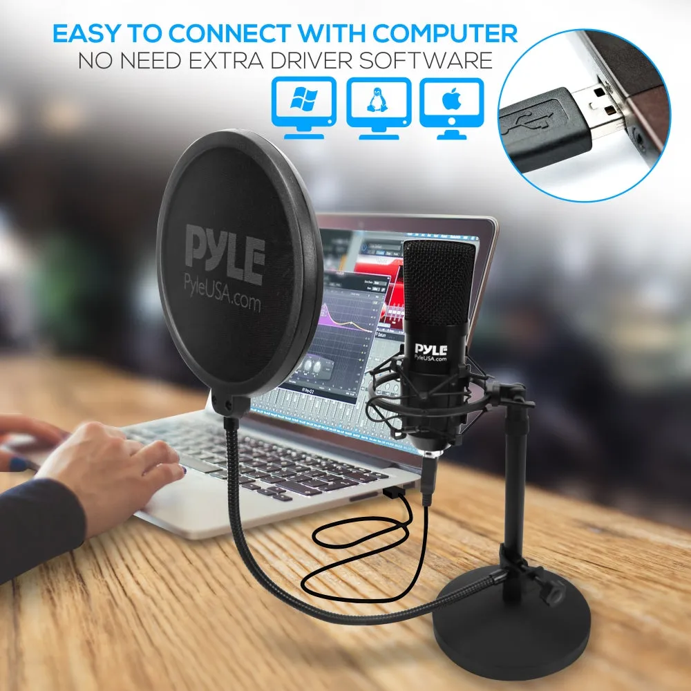 Professional Usb Podcast Microphone Kit - High-Res. Mic With Usb Cable, Pop Filter, Mic Stand, Shock Mount, White Aluminum Case Box
