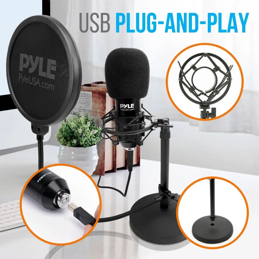 Professional Usb Podcast Microphone Kit - High-Res. Mic With Usb Cable, Pop Filter, Mic Stand, Shock Mount, White Aluminum Case Box