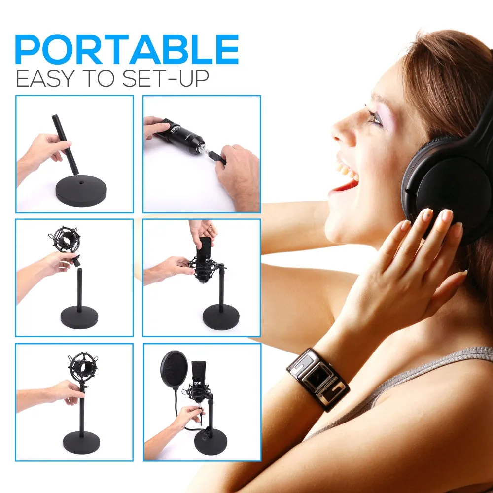 Professional Usb Podcast Microphone Kit - High-Res. Mic With Usb Cable, Pop Filter, Mic Stand, Shock Mount, White Aluminum Case Box