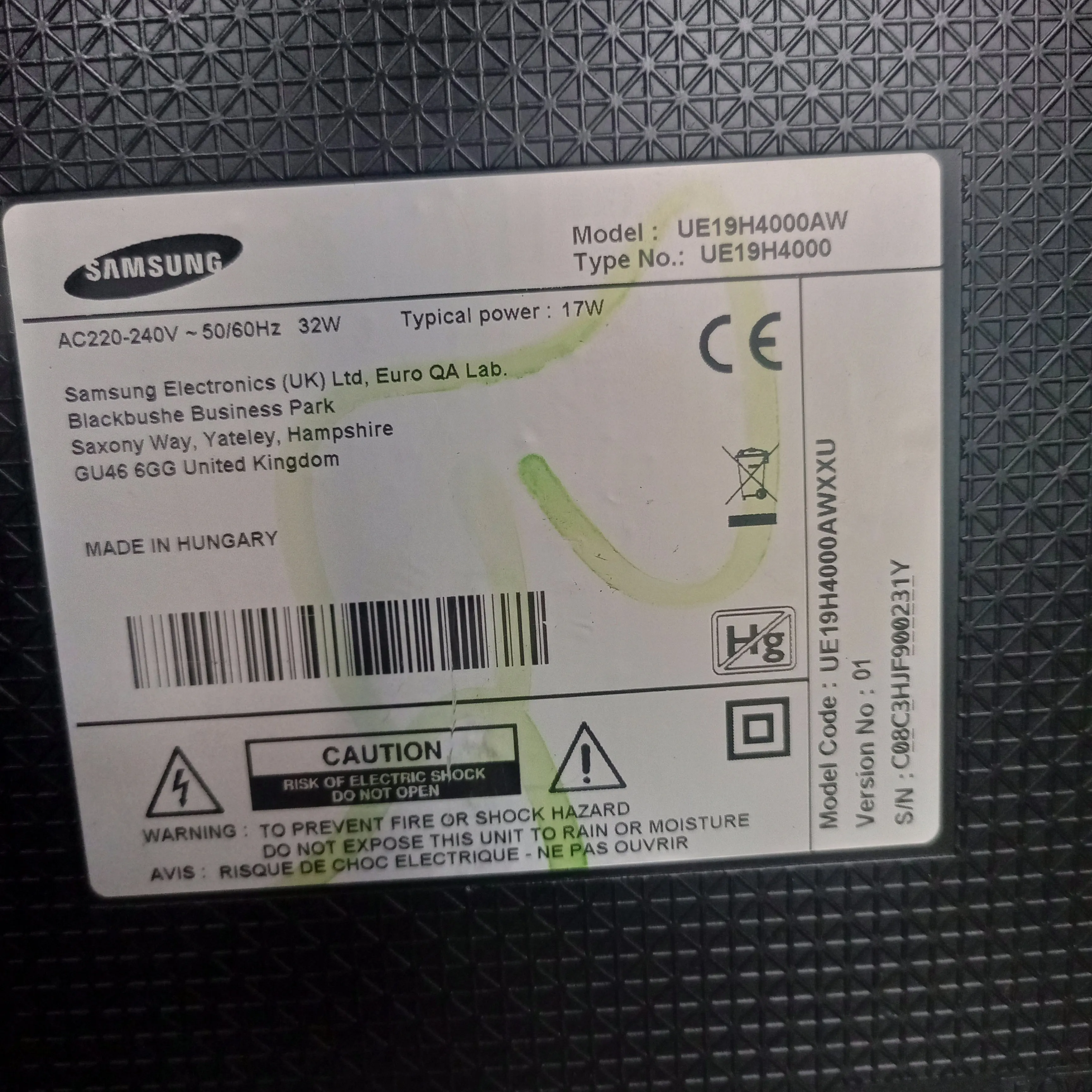 SAMSUNG 19 Inch UE19H4000AW HD Ready LED TV - London Used