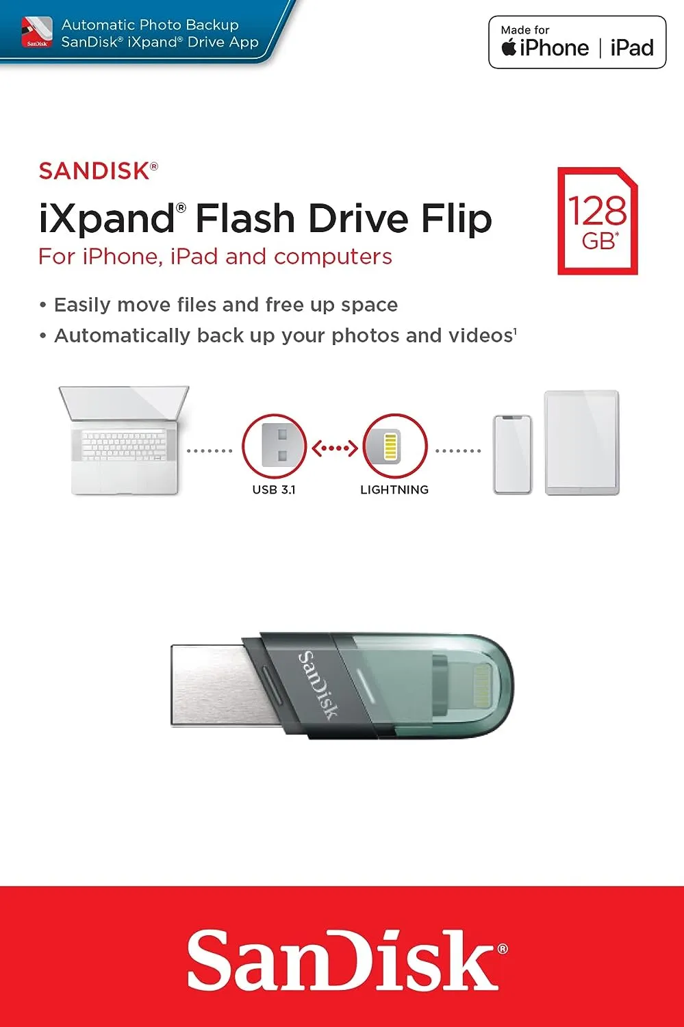 SanDisk 128GB iXpand Flash Drive Flip for iPhone (USB-A and Lightning) 雙用隨身碟 SDIX90N-128G-GN6NE 772-4420