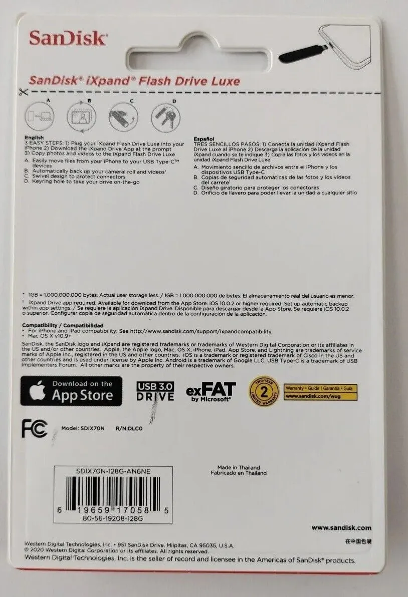 SanDisk 128GB iXpand Flash Drive Luxe for iPhone and USB Type-C (USB-C and Lightning) 雙用隨身碟 SDIX70N-128G-AN6NE 772-4441