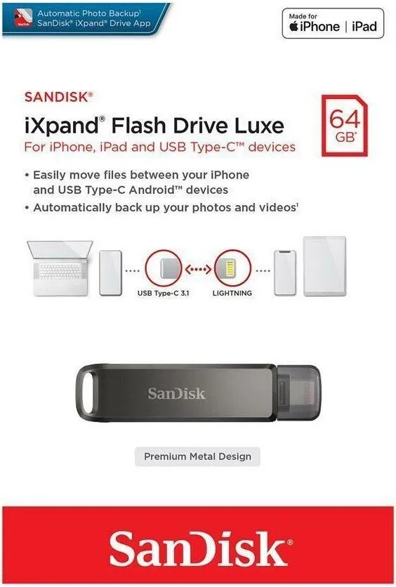 SanDisk 64GB iXpand Flash Drive Luxe for iPhone and USB Type-C (USB-C and Lightning) 雙用隨身碟 SDIX70N-064G-AN6NN 772-4440