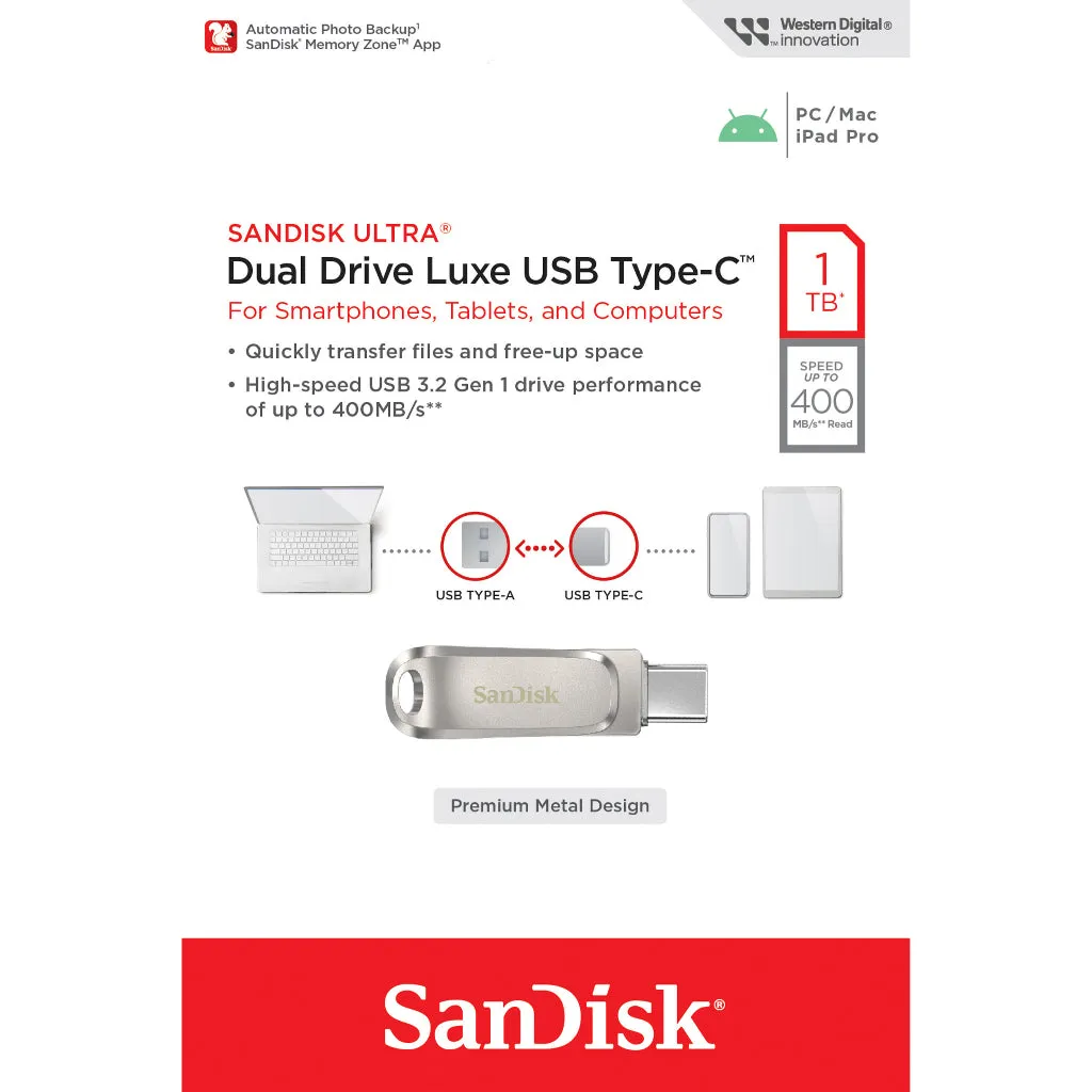 SanDisk Ultra Dual Drive Luxe USB Type-C Flash Drive (32GB/64GB/128GB/256GB)