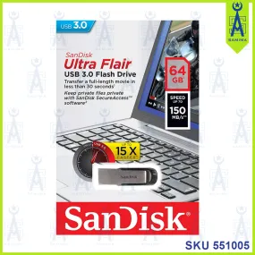 SANDISK ULTRA FLAIR USB 3.0 FLASH DRIVE 64GB