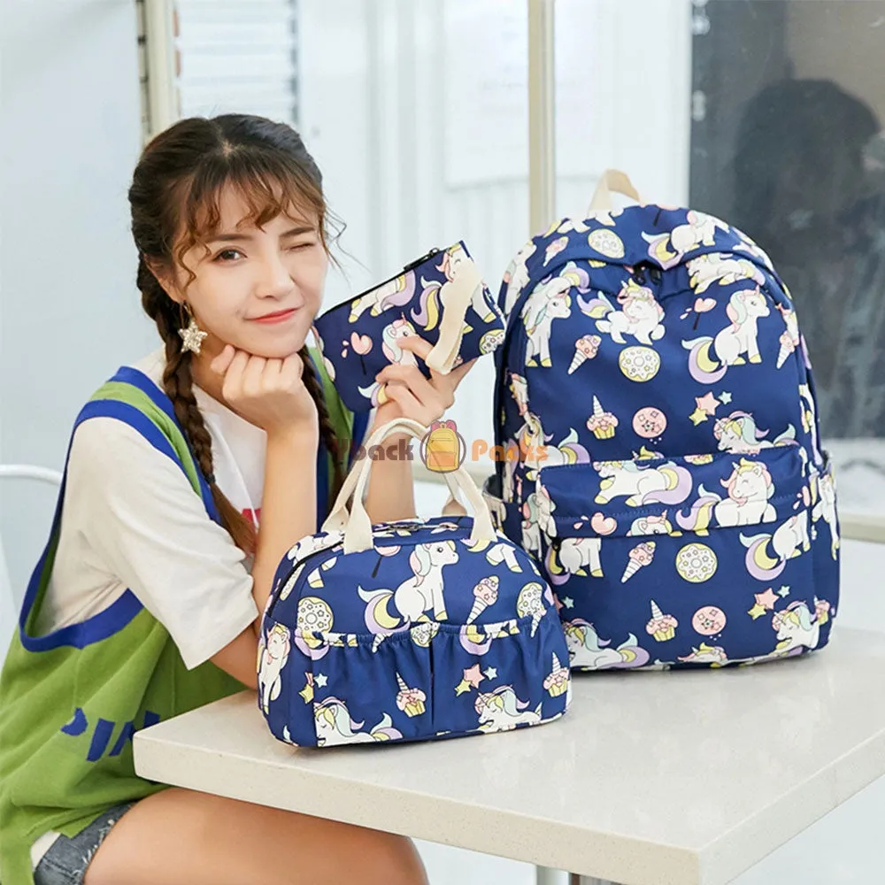 Teen Cartoon Unicorn Backpack Set Fits 14 Inches Laptop Bag with Lunch Bag College Bag