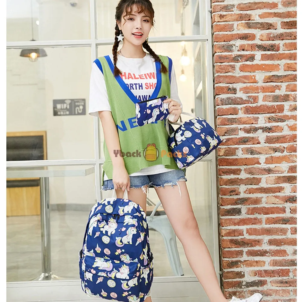 Teen Cartoon Unicorn Backpack Set Fits 14 Inches Laptop Bag with Lunch Bag College Bag
