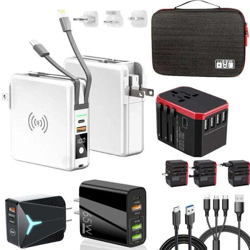 TUTT Travel & Charging Kit | 10000mah Power Bank | Universal Travel Adapter 3 Global Plugs | Wireless Charging | 65 & 30W Charger 3 in 1 Cable | Waterproof Hard Shell Bag EU,UK,AUS