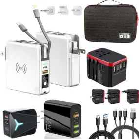 TUTT Travel & Charging Kit | 10000mah Power Bank | Universal Travel Adapter 3 Global Plugs | Wireless Charging | 65 & 30W Charger 3 in 1 Cable | Waterproof Hard Shell Bag EU,UK,AUS