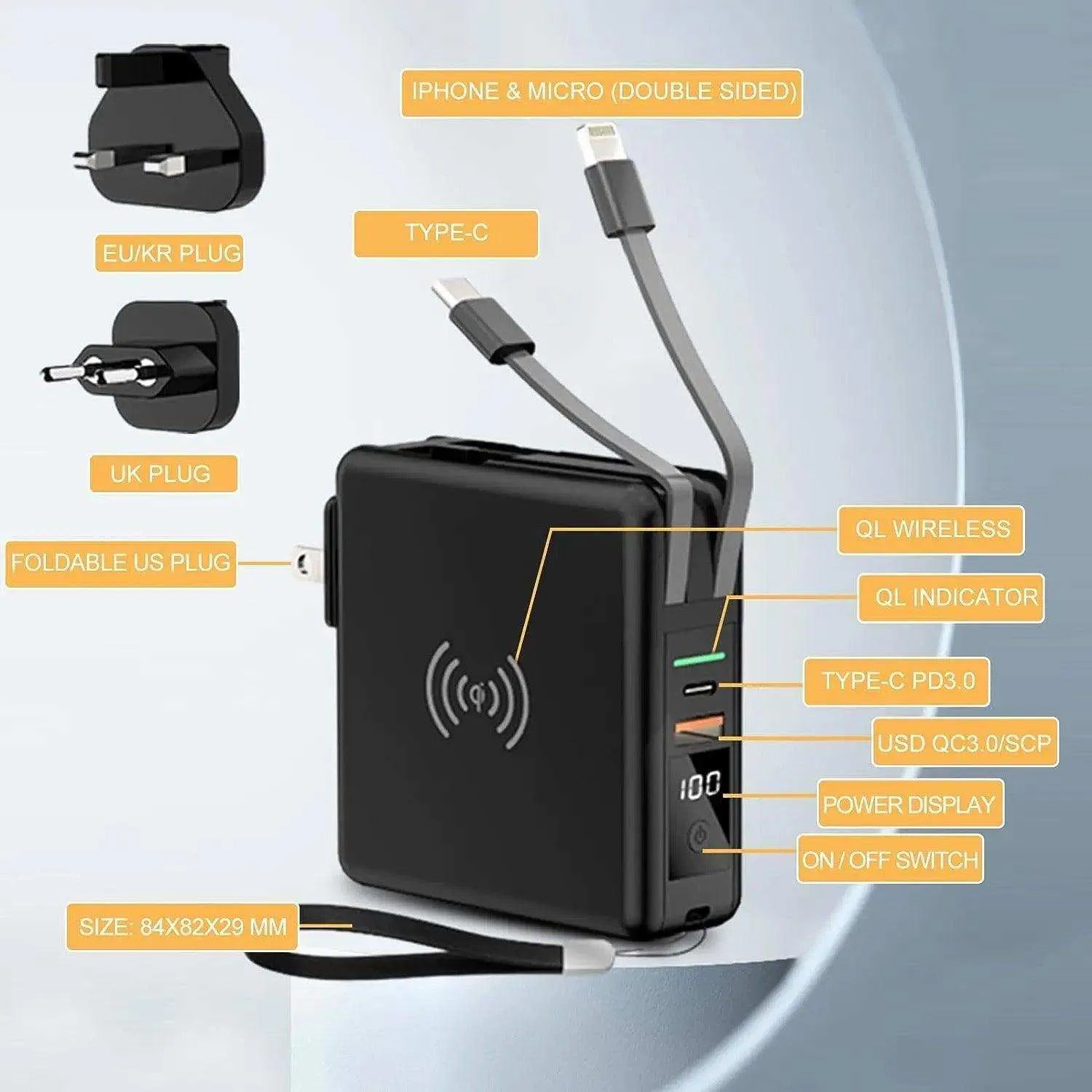TUTT Travel & Charging Kit | 10000mah Power Bank | Universal Travel Adapter 3 Global Plugs | Wireless Charging | 65 & 30W Charger 3 in 1 Cable | Waterproof Hard Shell Bag EU,UK,AUS