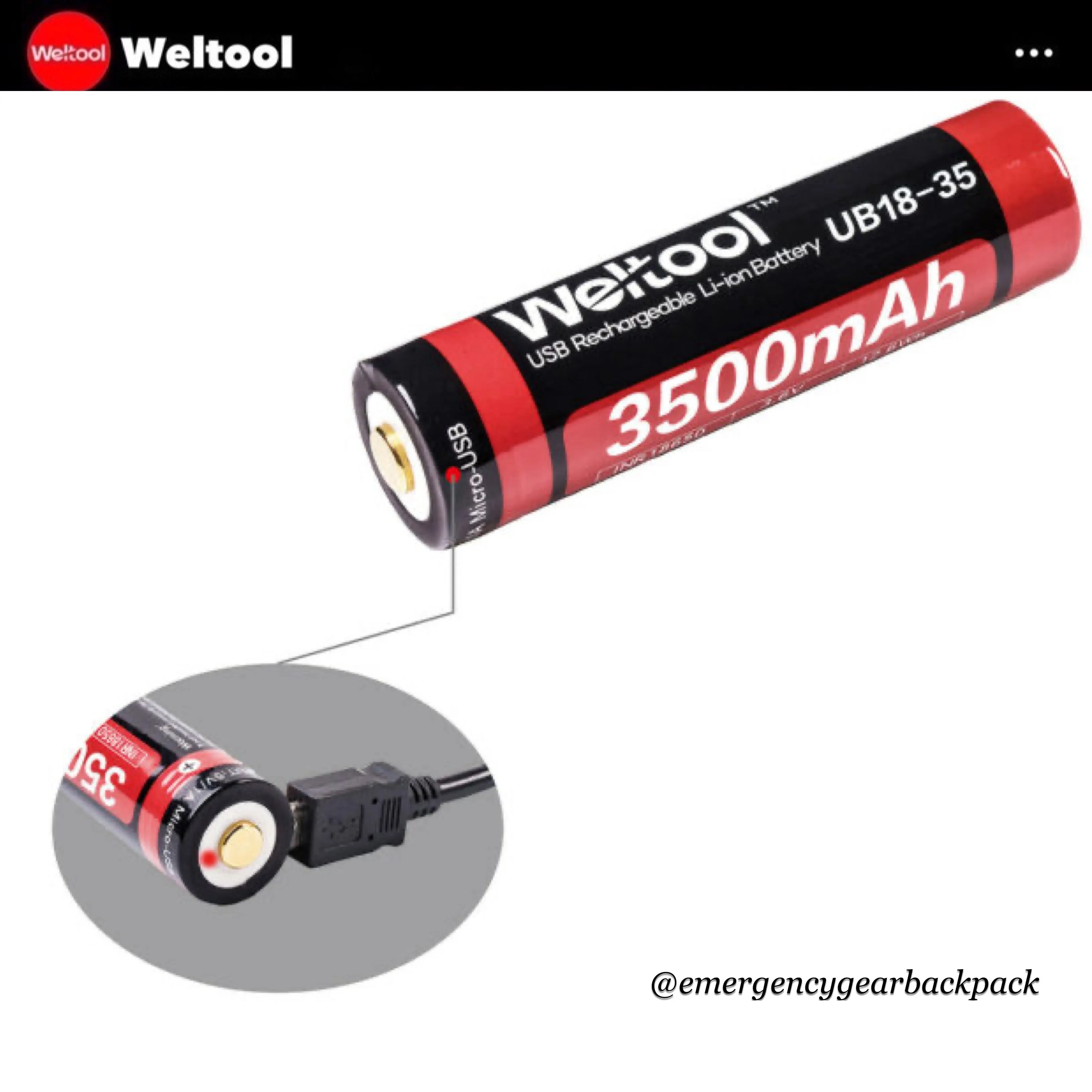 Weltool UB18-35 18650 3500mAh USB Rechargeable Li-ion Battery